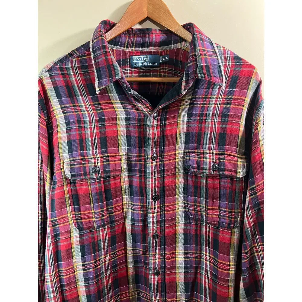 Polo Ralph Lauren Classic Red Plaid Button-Down Flannel Shirt Casual Long Sleeve